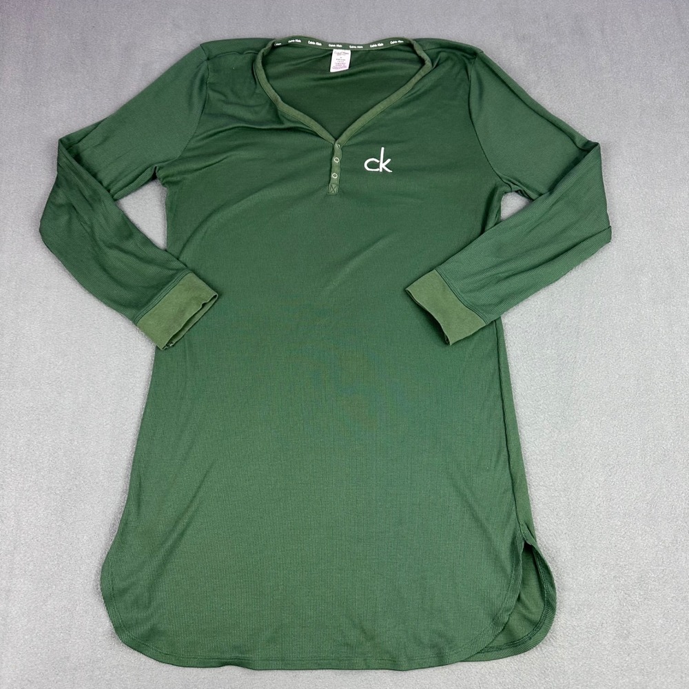 Calvin Klein Sleepwear Womens Med Green Ribbed Henley Nightgown Long Sleeve CK
